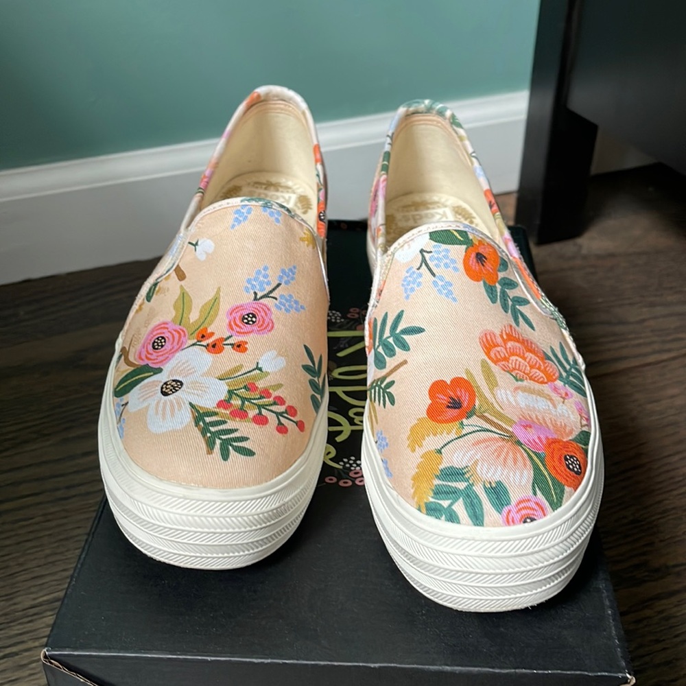 Rifle Paper Co x Keds Triple Decker Lively floral slip on sneakers.